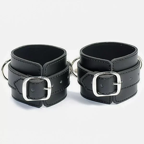 black leather handcuffs - love buckle playthings